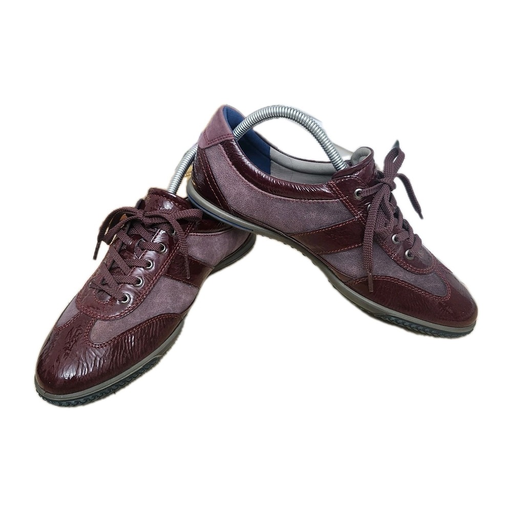 Ecco Women Suede Patent Leather Lace‎ Up Sneakers Sz 41 US 10.5 Burgundy Comfort
